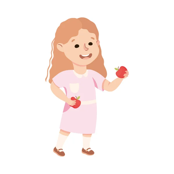 Kind and Fair Little Girl Sharing Apple Vector Illustration — Stock Vector