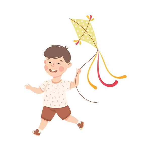 Cute Boy Playing Kite, Adorable Kid Leisure Activity Concept Cartoon Vector Illustration — Stock Vector