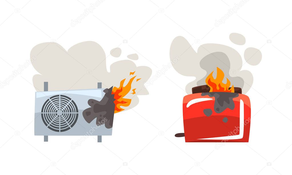 Damaged Home Appliances Set, Broken Burning Air Conditioner and Toaster Cartoon Vector Illustration