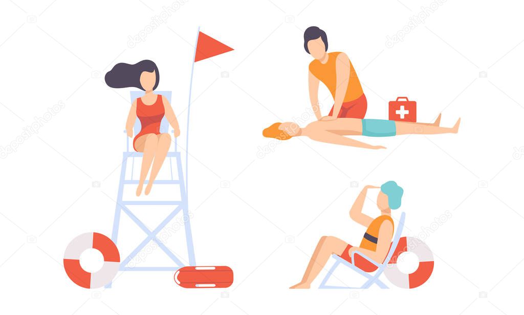Beach Lifeguards Ensuring Safety and Providing First Aid Set, Professional Rescuers Characters in Action Cartoon Vector Illustration