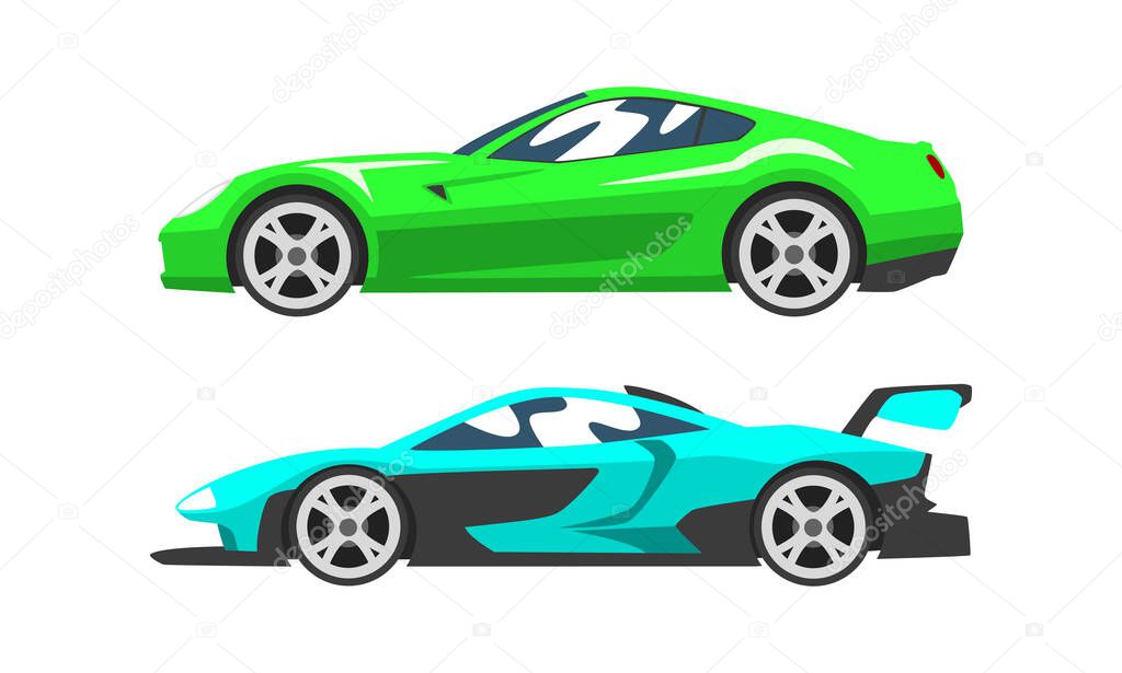 Set of Fast Motor Racing Cars, Side View of Sport Cars Flat Vector Illustration