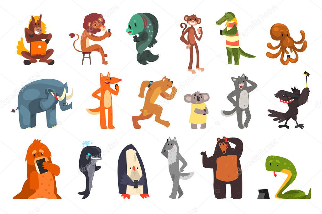 Wild Animals Using Modern Gadgets Set, Animal Characters Talking Smartphone, Making Selfie, Using Tablet PC Cartoon Vector Illustration Isolated on White Background.