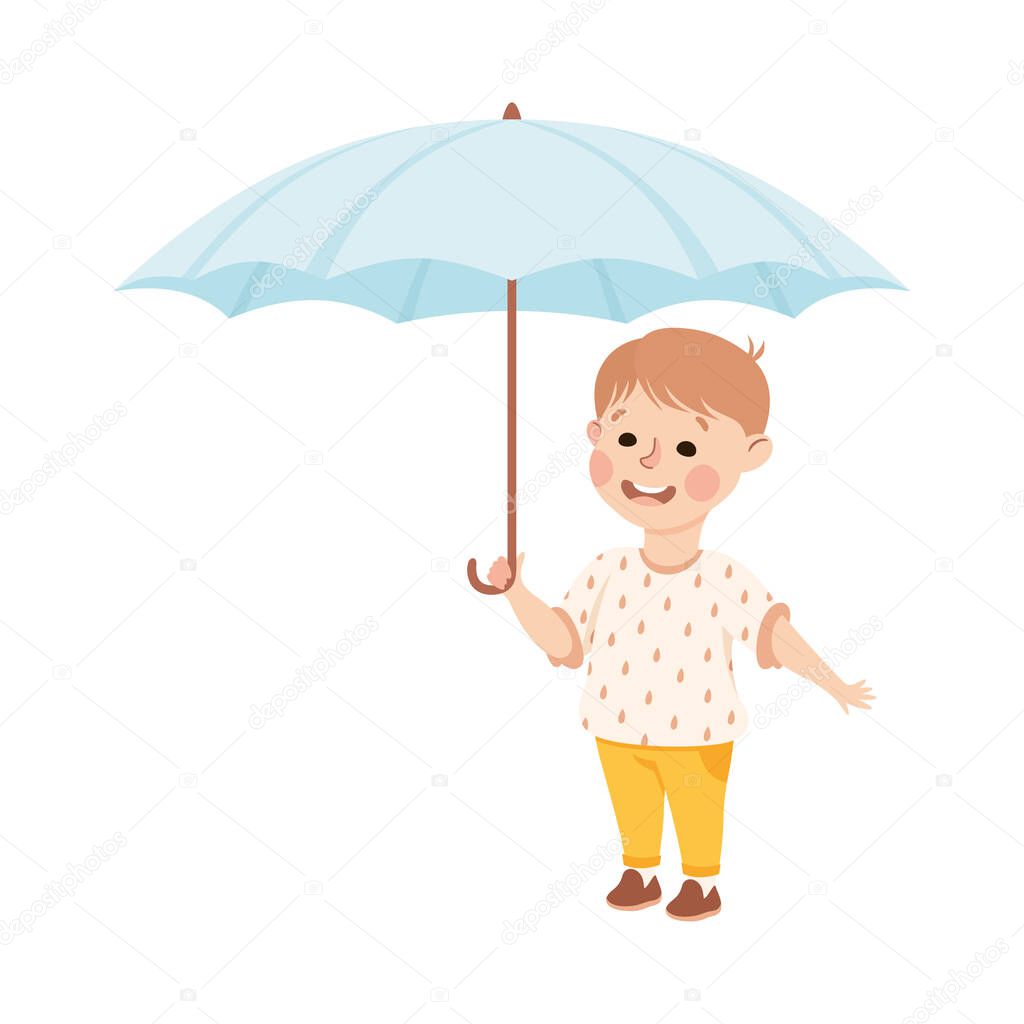 Kind and Fair Little Boy Holding Umbrella Protecting Doing Justice Vector Illustration