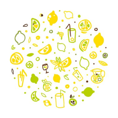 Taze Sağlıklı Limonata ve Turunçgil Meyveleri Dairesel Şekilde Kusursuz Şekilde, Yaz İçkileri İllüstrasyonunu Tazeleyen