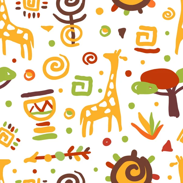 Símbolos tradicionales de la cultura africana Patrón sin costura, Fondo, Banner, Papel pintado, Textil, Diseño de empaquetado Ilustración vectorial — Archivo Imágenes Vectoriales