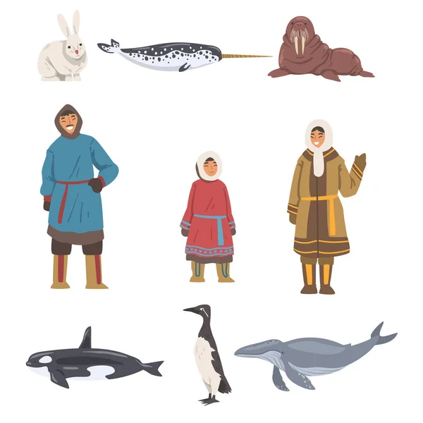 极地居民和动物集、北冰洋动物和穿着爱斯基摩人传统服饰的人 — 图库矢量图片
