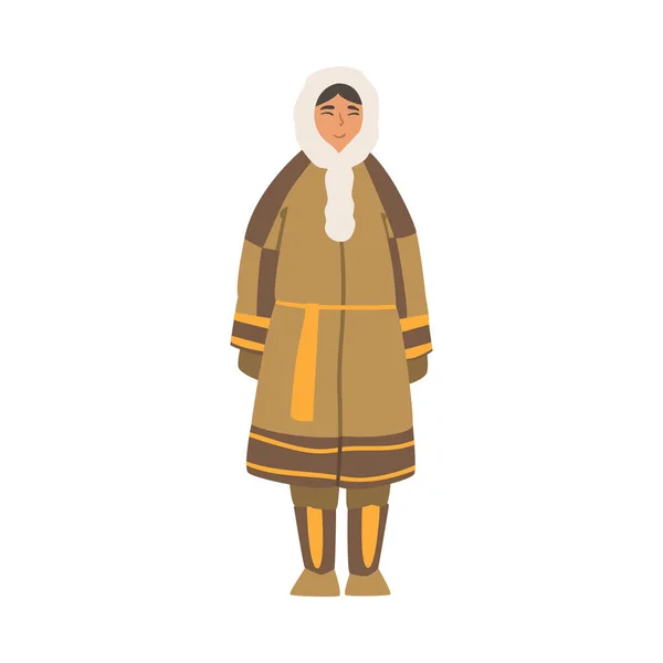 Personaje de chica polar, gente del norte que usa ropa esquimal tradicional cálida Dibujos animados Vector Ilustración — Vector de stock