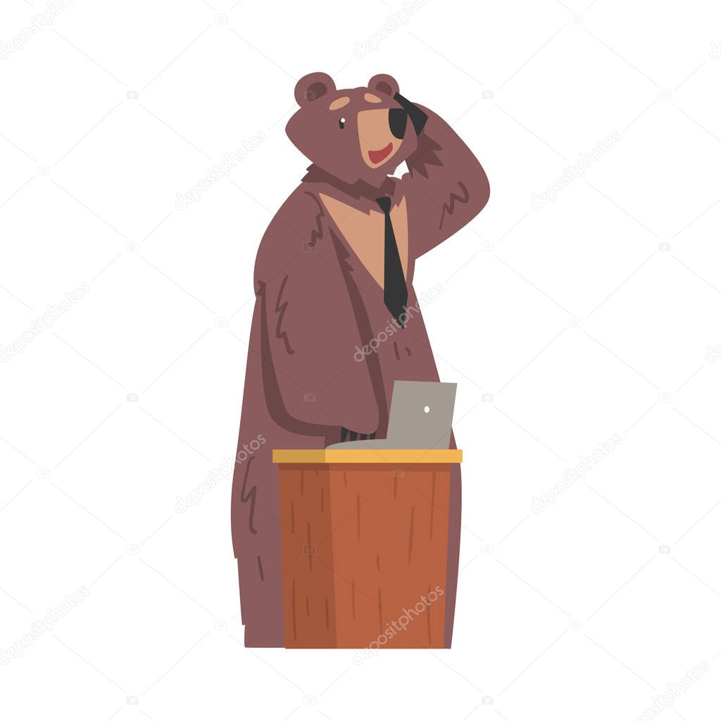 Bear Businessman Character Working on Office with Laptop Computer Cartoon Vector Illustration