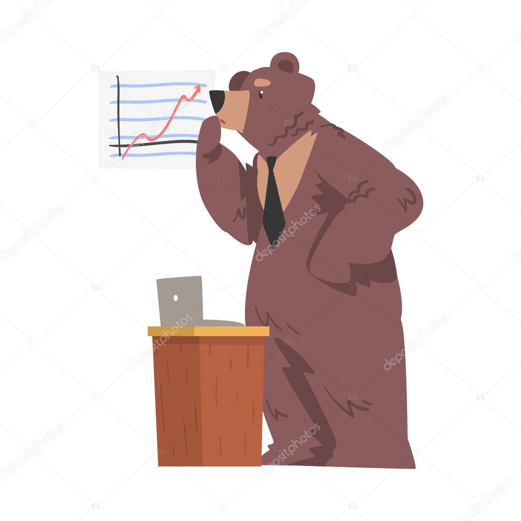 Successful Bear Businessman Character Working in Office Cartoon Vector Illustration