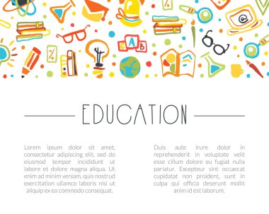 Metin ve Okul Malzemeleri Şablonu, Broşür, Kart, Flyer Tasarım Vektörü İllüstrasyonuna Yer Veren Eğitim Afişi