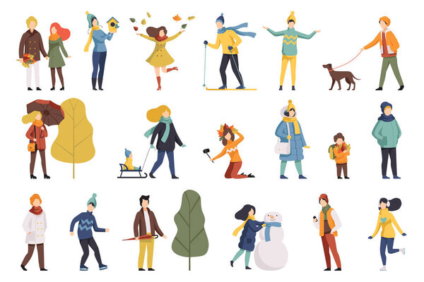 Активный отдых на свежем воздухе в разное время года, люди в теплой зимней и осенней одежде, катание на лыжах, катание на коньках