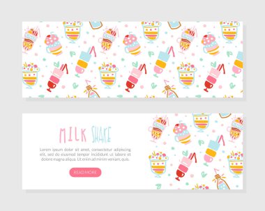 Milkshake İniş Sayfası Şablonu, Sağlıklı Dondurma İçecekleri ve Taze Süt İçecekleri Web Sitesi Arayüz Vektörü Resimleri