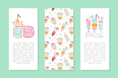 Milkshake Kart Şablonları Seti, Sağlıklı Dondurma İçecekleri ve Taze Süt İçecekleri Broşürü, Flyer, Poster, Metin Vektörü Resimleri İçin Alanlı Sancak