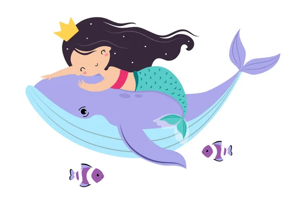 Sirena con corona en su cabeza flotando bajo el agua con ilustración vectorial de ballena — Vector de stock