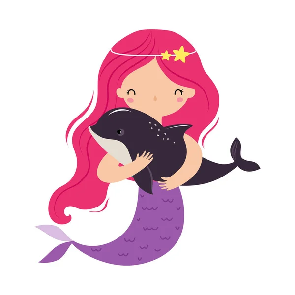 Sirena con pelo rosa flotando bajo el agua con delfín Vector Ilustración — Vector de stock