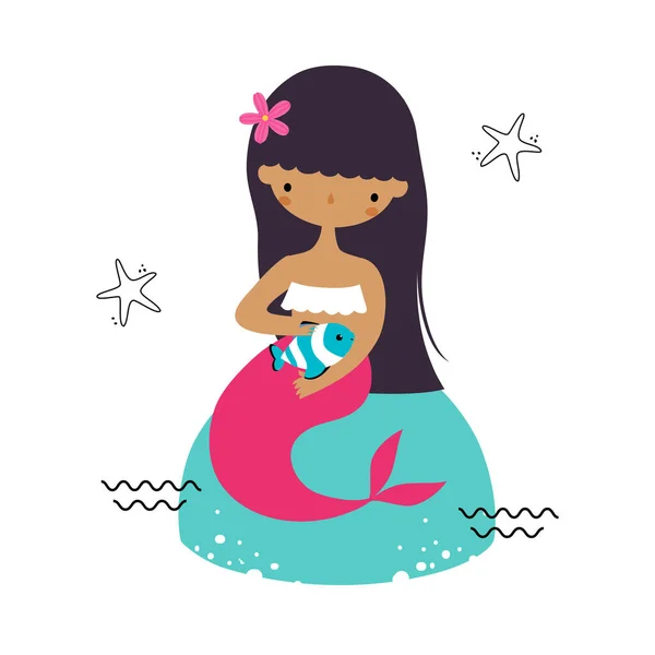 Mermaid with Black Hair Sitting on Boulder Vector Illustration — Stock Vector