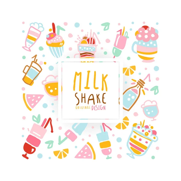 Milkshakes Banner with Delicious Tasty Desserts Seamless Pattern Vector Illustration — Stock Vector