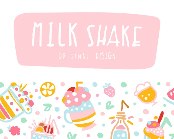 Banner de batidos de leite, deliciosas bebidas saudáveis de sorvete e bebidas frescas de leite Ilustração de vetor de padrão sem costura — Vetor de Stock
