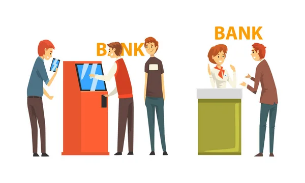 Персонажі в Банку Отримують послуги на докладній консультації та використання ATM Machine Vector Set — стоковий вектор