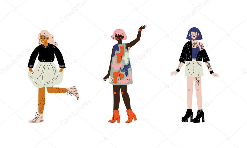 Young Diverse Woman Standing Loving Their Body and Appearance as Self Acceptance Vector Set