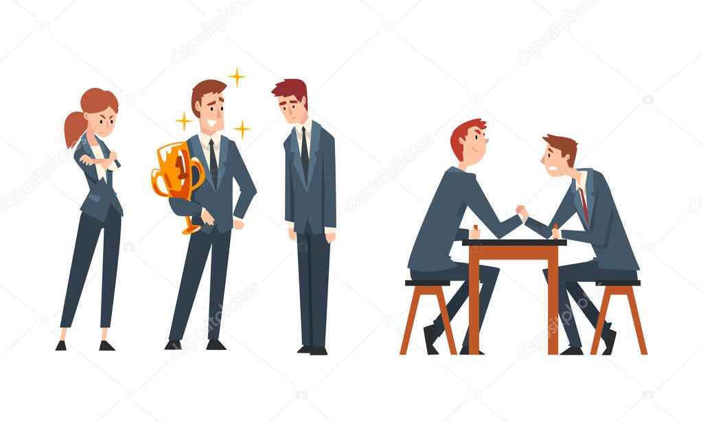 Business Competition and Rivalry with Man Arm Wrestling and Gaining Award Vector Set
