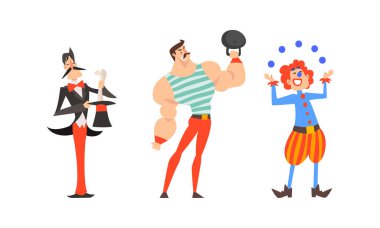 Palyaço Hokkabazlık Topları, Silindir Şapkalı Sihirbaz ve Kaslı Adam Ağır Kettlebell Gezgin Chapiteau Sirk Vektörü Seti