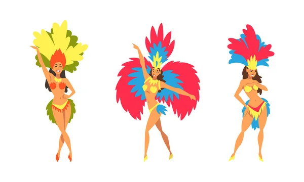 Ljusa brasilianska kvinnliga Samba Dancer Posing i fjädrad kostym vektor set — Stock vektor