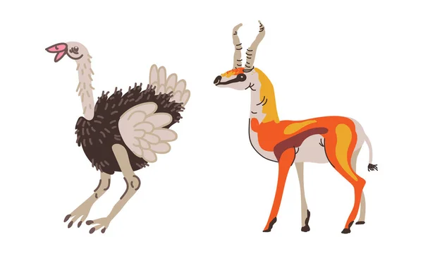 Avestruz emplumado y gacela con cuernos como conjunto de vectores de animales africanos — Vector de stock