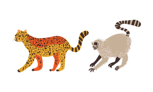 Manchado guepardo y lémur como africano animal vector conjunto — Archivo Imágenes Vectoriales