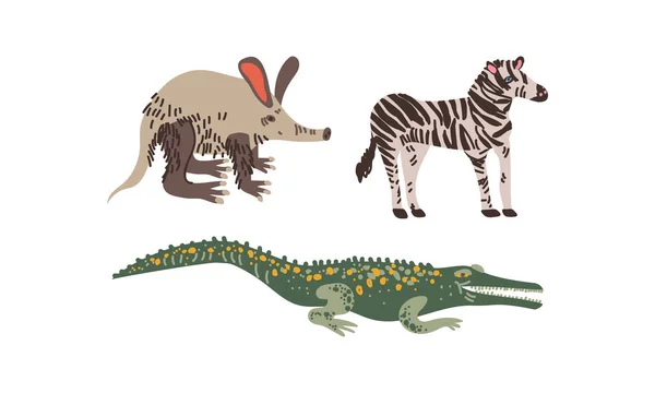 Cebra y cocodrilo como conjunto de vectores animales africanos — Archivo Imágenes Vectoriales