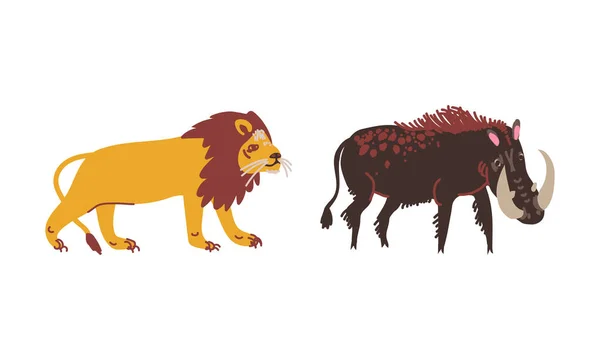 León y jabalí con tobillos como conjunto de vectores de animales africanos — Vector de stock