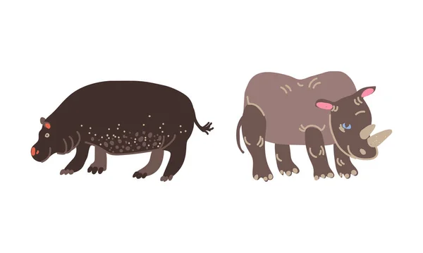 El rinoceronte y el hipopótamo como vector animal africano — Vector de stock