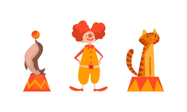 Reizen Chapiteau Circus met Clown en Animal Performing Trick Vector Set — Stockvector