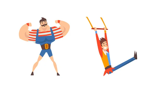 Hombre musculoso y Acrobat colgando de la barra aérea mientras viajan Chapiteau Circus Vector Set — Vector de stock