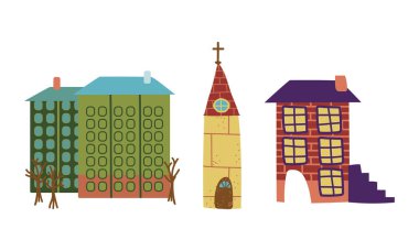 Şehir Caddesi Element Vektörü olarak Ev Binası ve Kilise Ayarları