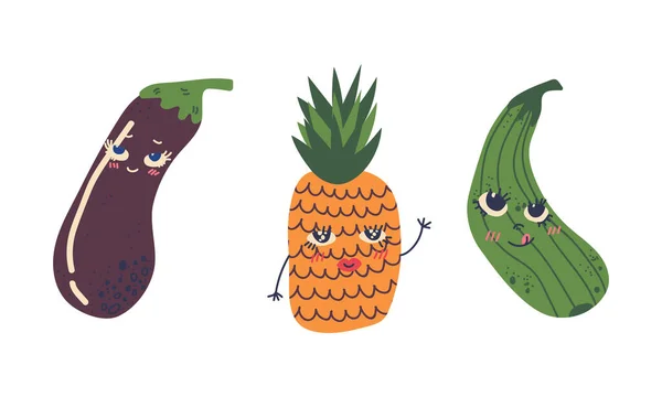 Cute Cartoon Smiling Fruit and Vegetable Character with Hands Vector Set - Stok Vektor