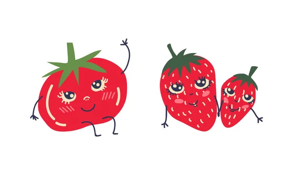 かわいい漫画笑顔フルーツと野菜のキャラクターと手ベクトルセット — ストックベクタ