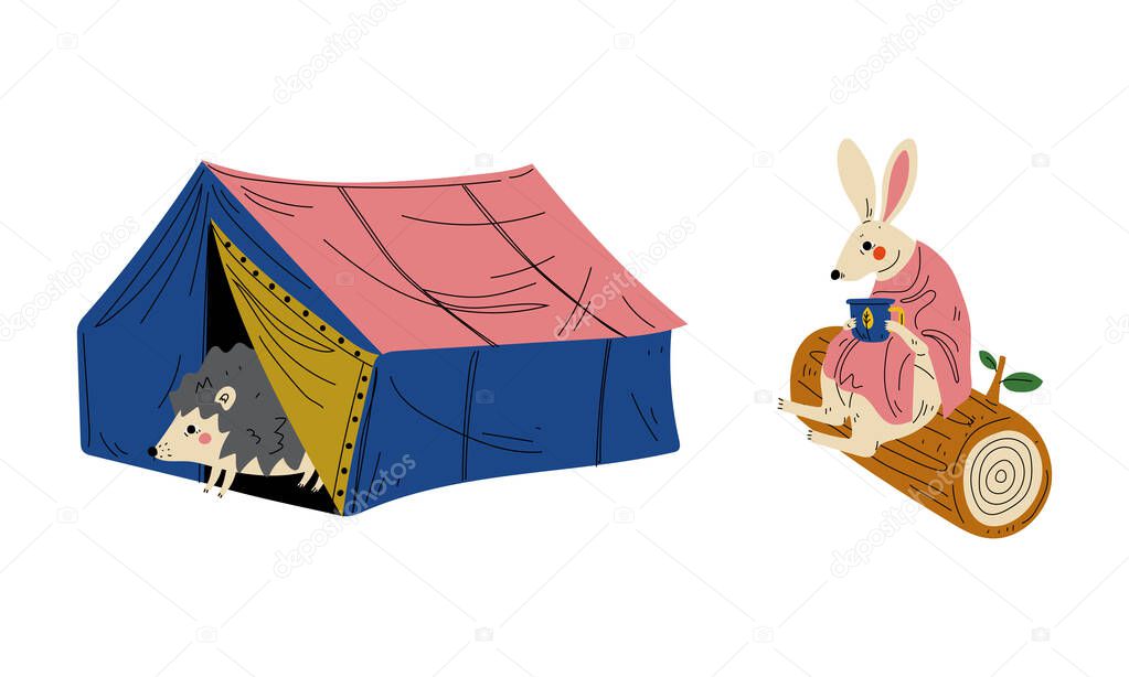 Humanized Animal Characters Having Hiking Adventure Sitting on Log and in Tent Vector Set
