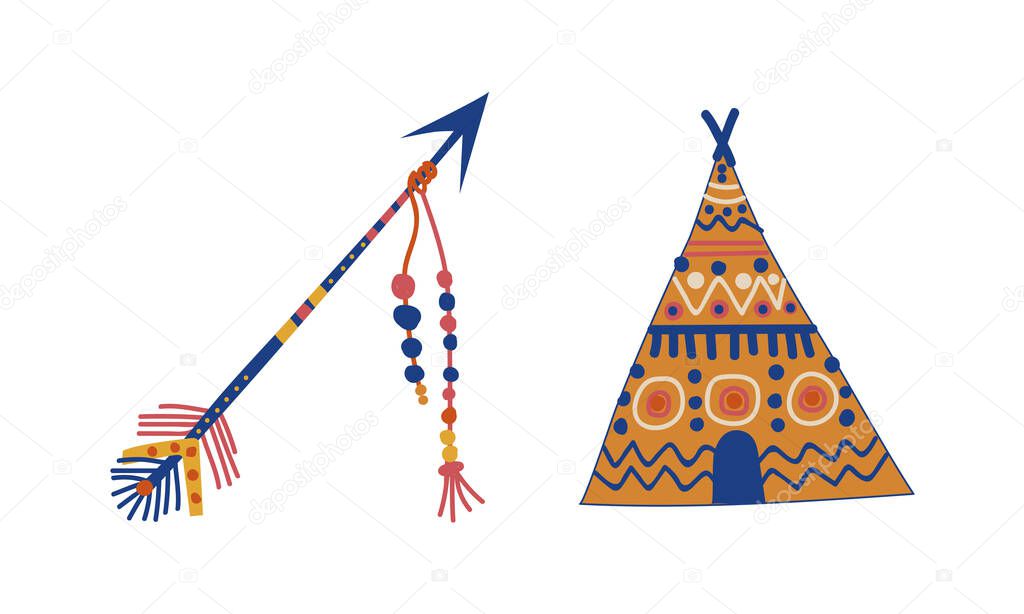 Tribal Ethnic Elements with Indian Teepee and Arrow Vector Set