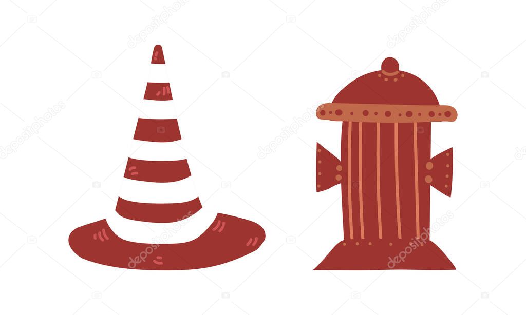 Cone and Flushing Hydrant as City Street Element Vector Set
