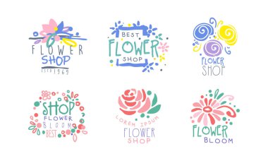 Çiçekçi Logosu Tasarım Seti, Çiçekçi Salon Vektör İllüstrasyonu