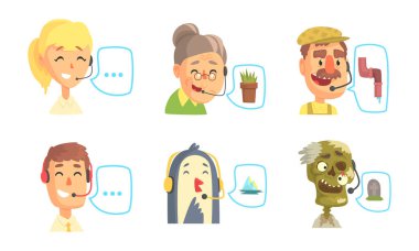 Komik Çağrı Merkezi Operatörleri Seti, Müşteri Hizmetleri Temsilcileri Çizgi film Vektörü İllüstrasyonu