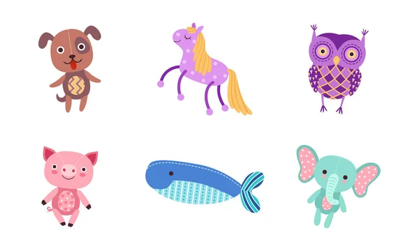 Juego de juguetes suaves para niños, Perro, Caballo, Búho, Cerdito, Ballena, Elefante Dibujos animados Vector Ilustración I — Archivo Imágenes Vectoriales