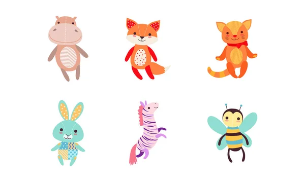 Kids Soft Toys Set, Hippo, Fox, Cat, Bunny, Zebra, Bee Cartoon Vector Illustration — 图库矢量图片