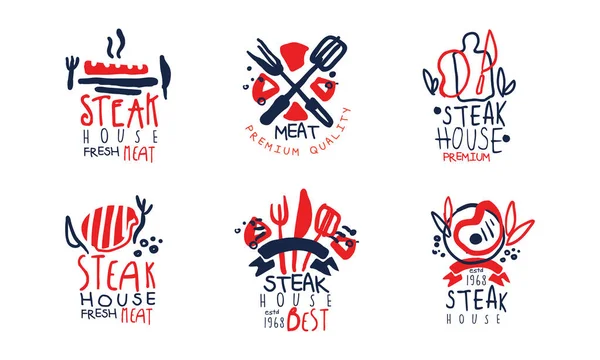 Ensemble de conception de logo de Steak House, illustration vectorielle dessinée à la main d'étiquettes de qualité supérieure de viande — Image vectorielle