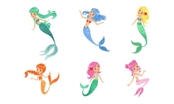 Sirenitas lindas de diferentes colores, hermosas criaturas marinas míticas Dibujos animados Vector Ilustración — Archivo Imágenes Vectoriales