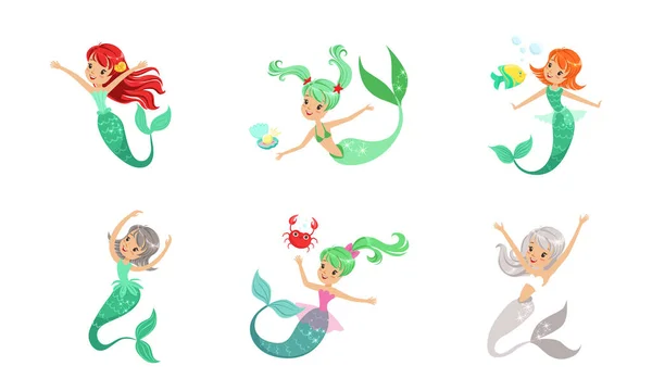 Little Cute Mermaids Set, Beautiful Mythical Colorful Marine Creatures Cartoon Vector Illustration — Stock Vector