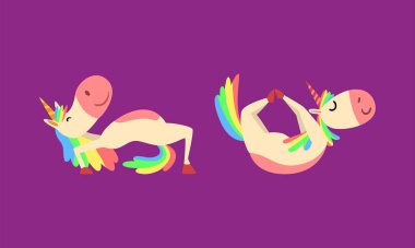 Funny Unicorn Character with Rainbow Mane and Tail Practicing Yoga Exercises Vector Set clipart