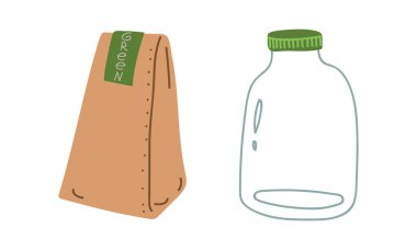 Günlük Yeniden Kullanılan Nesne Vektörü Ayarları Olarak Kağıt Paketi ve Cam Kavanoz