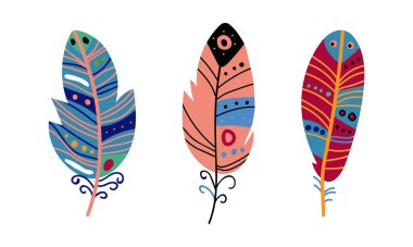 Boho Kabile Element Vektörü olarak Renkli Tüy ve Plumage